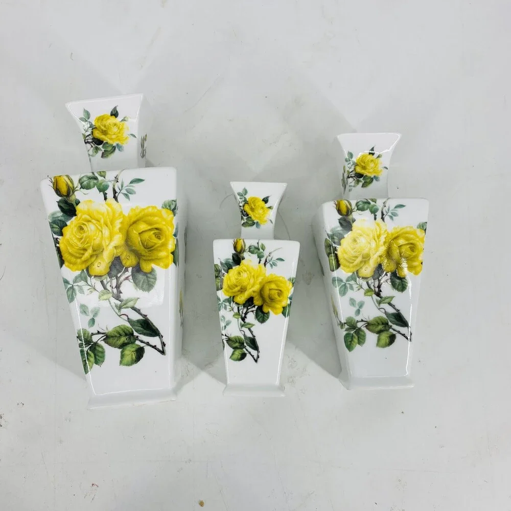 Vintage Godinger 3 Pc Vase Set Yellow Rose Cottage Core Practical Magic W/ Box